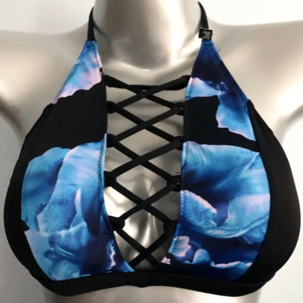 PINK Victorias Secret Nwt Black Floral Lace Up High Neck Strappy Bikini Top S
